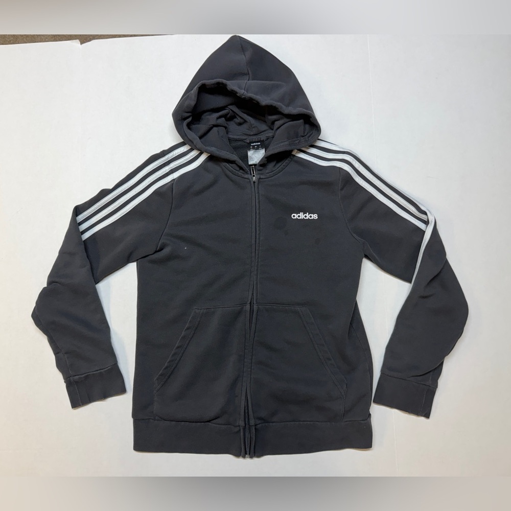 Adidas Black Women’s Large Zip Up Classic Hoodie with White Stripes